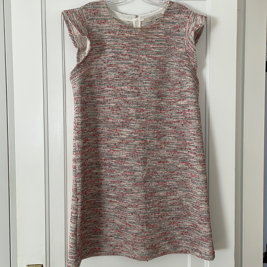 Loft Light Pink Tweed Structured Dress With Ruffle Cap Sleeve Size 14